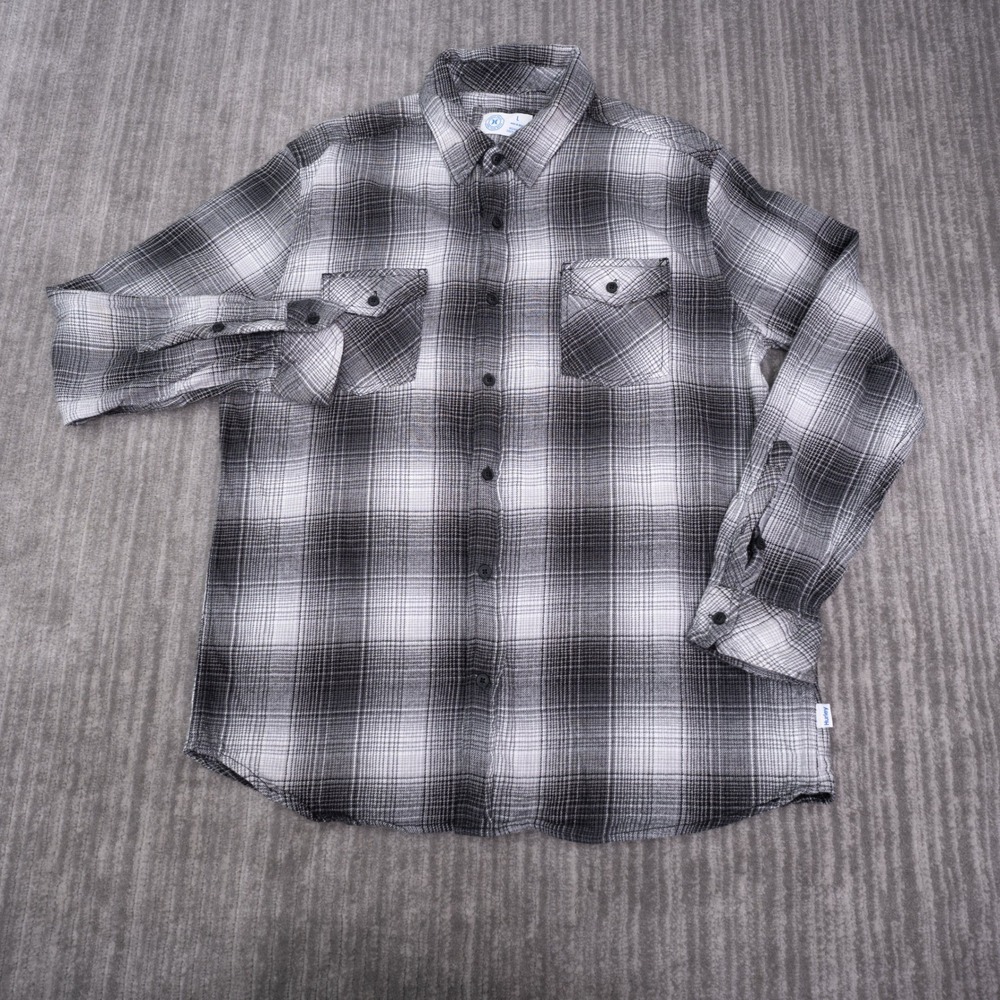 Hurley Plaid Button Up Shirt Mens Large Black White Excellent Flannel Top